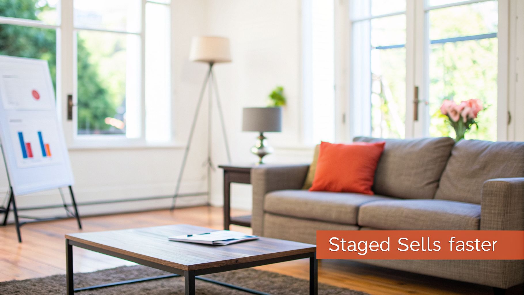 A modern living room with a gray couch, coffee table, lamps, and a presentation board, illustrating home staging benefits.