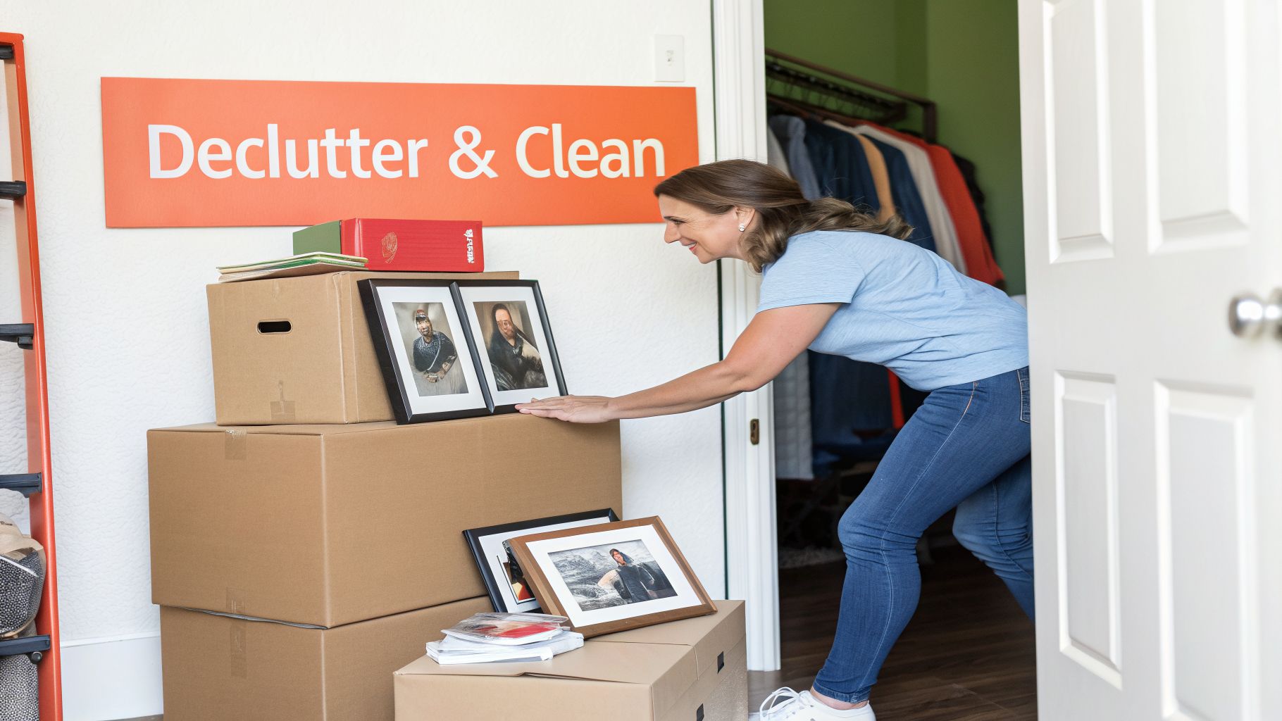 A woman organizing framed photos on moving boxes under a "Declutter & Clean" sign.