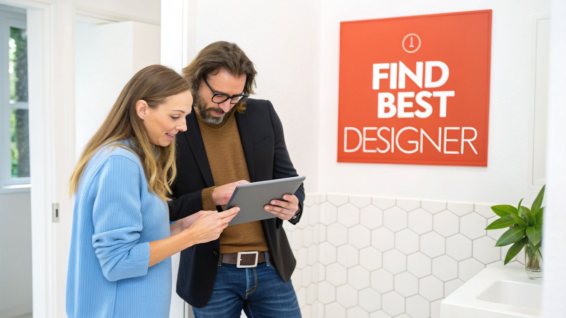 Couple and designer discuss bathroom renovation plans using a tablet in a modern showroom.