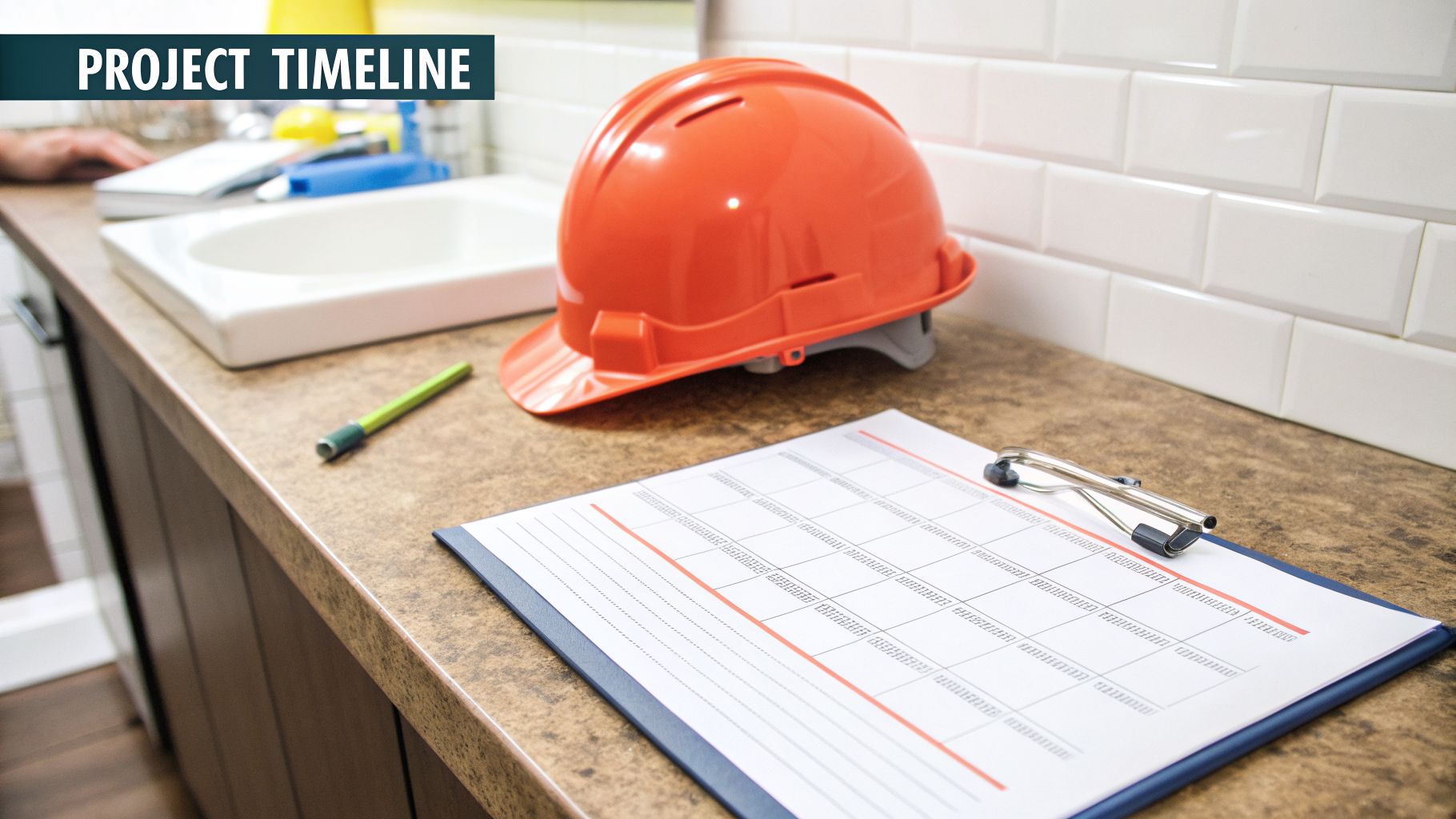 An orange construction hard hat, a project timeline chart, and a pen on a counter in a bathroom.