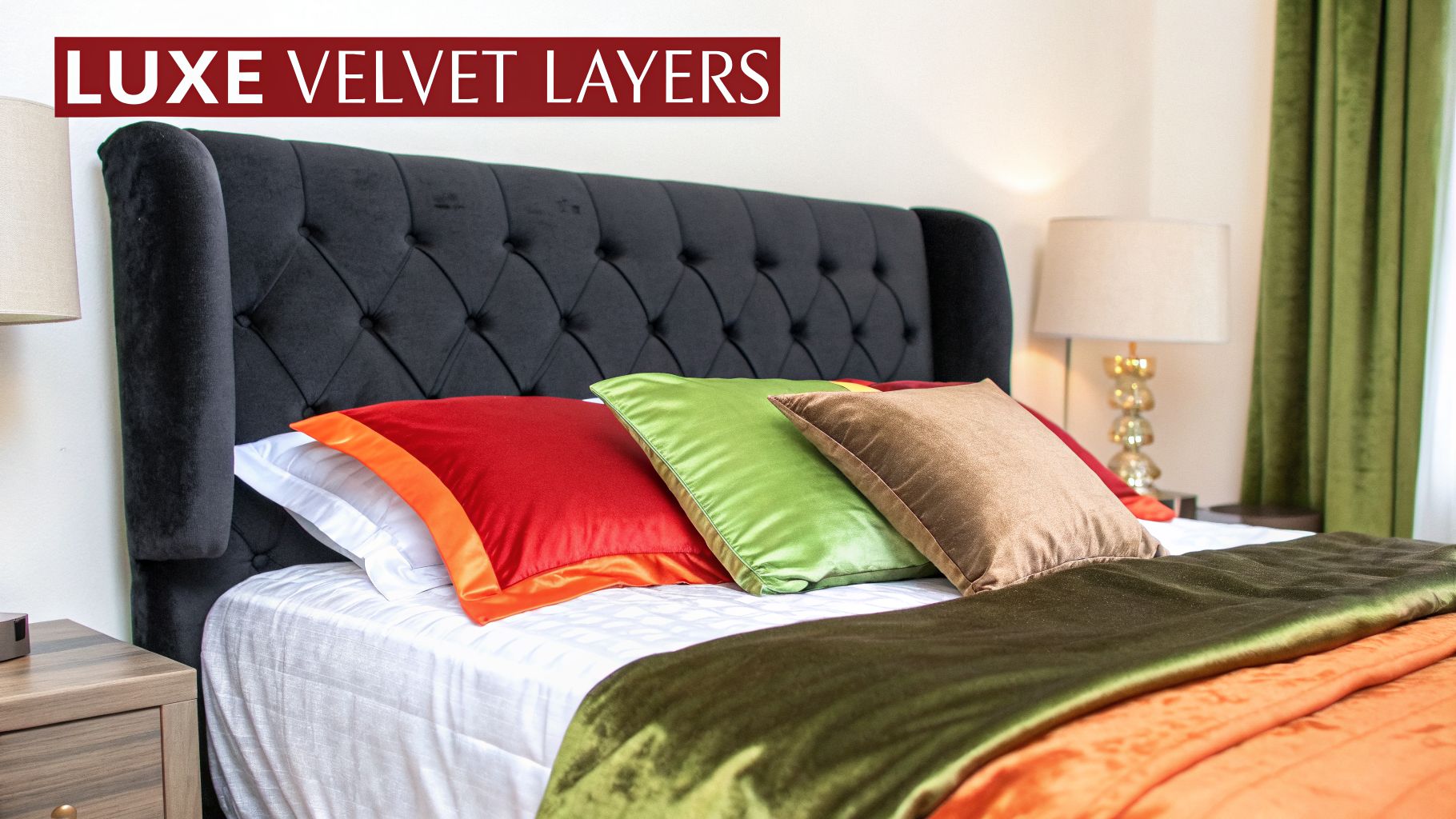 A luxurious bed featuring a black tufted headboard, colorful velvet pillows, and layered velvet blankets.
