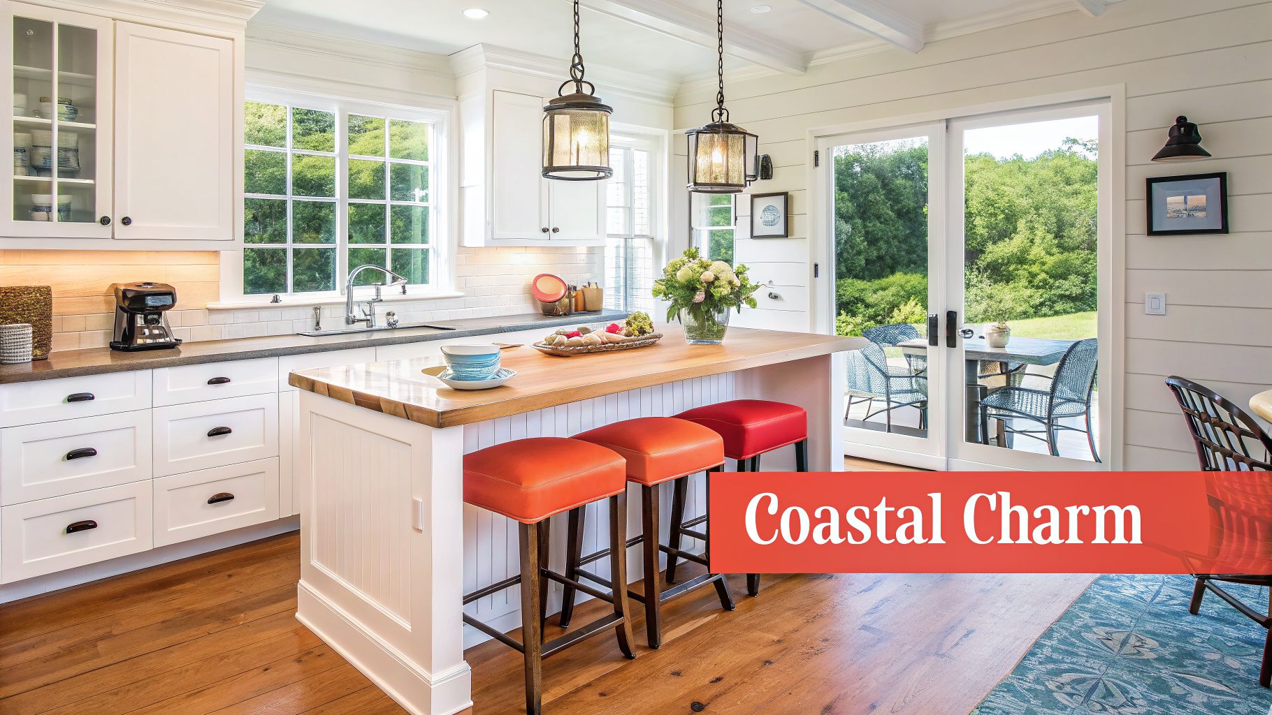 A bright coastal-style kitchen with white cabinets, a wooden island, and orange bar stools.