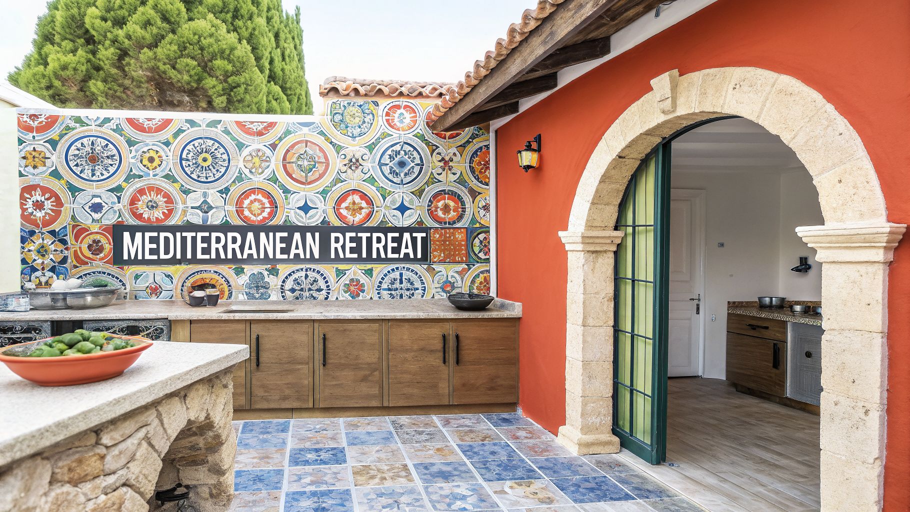 Vibrant outdoor Mediterranean kitchen with colorful tiled wall, stone arches, and a bowl of green fruit.