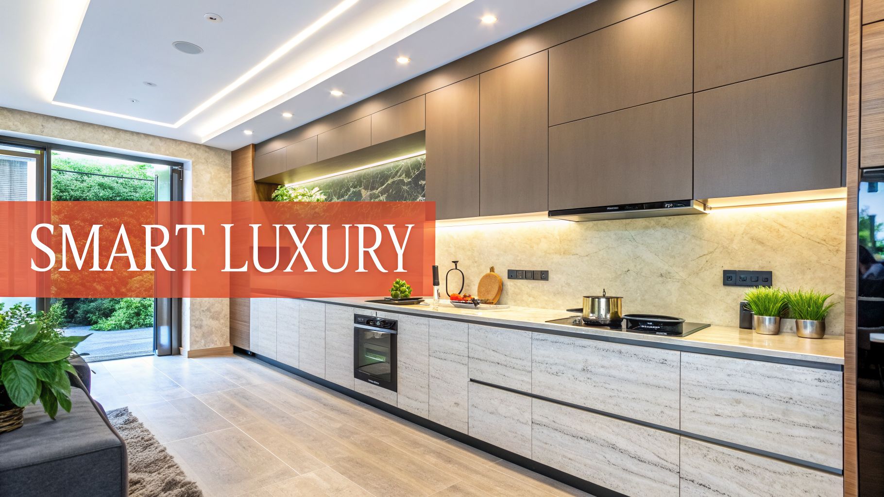 Modern, open-plan smart luxury kitchen with sleek cabinetry, marble backsplash, and integrated appliances.