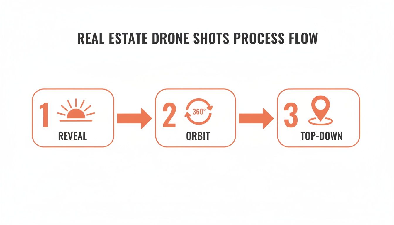 A three-step real estate drone photography process flow showing reveal, orbit, and top-down shots.