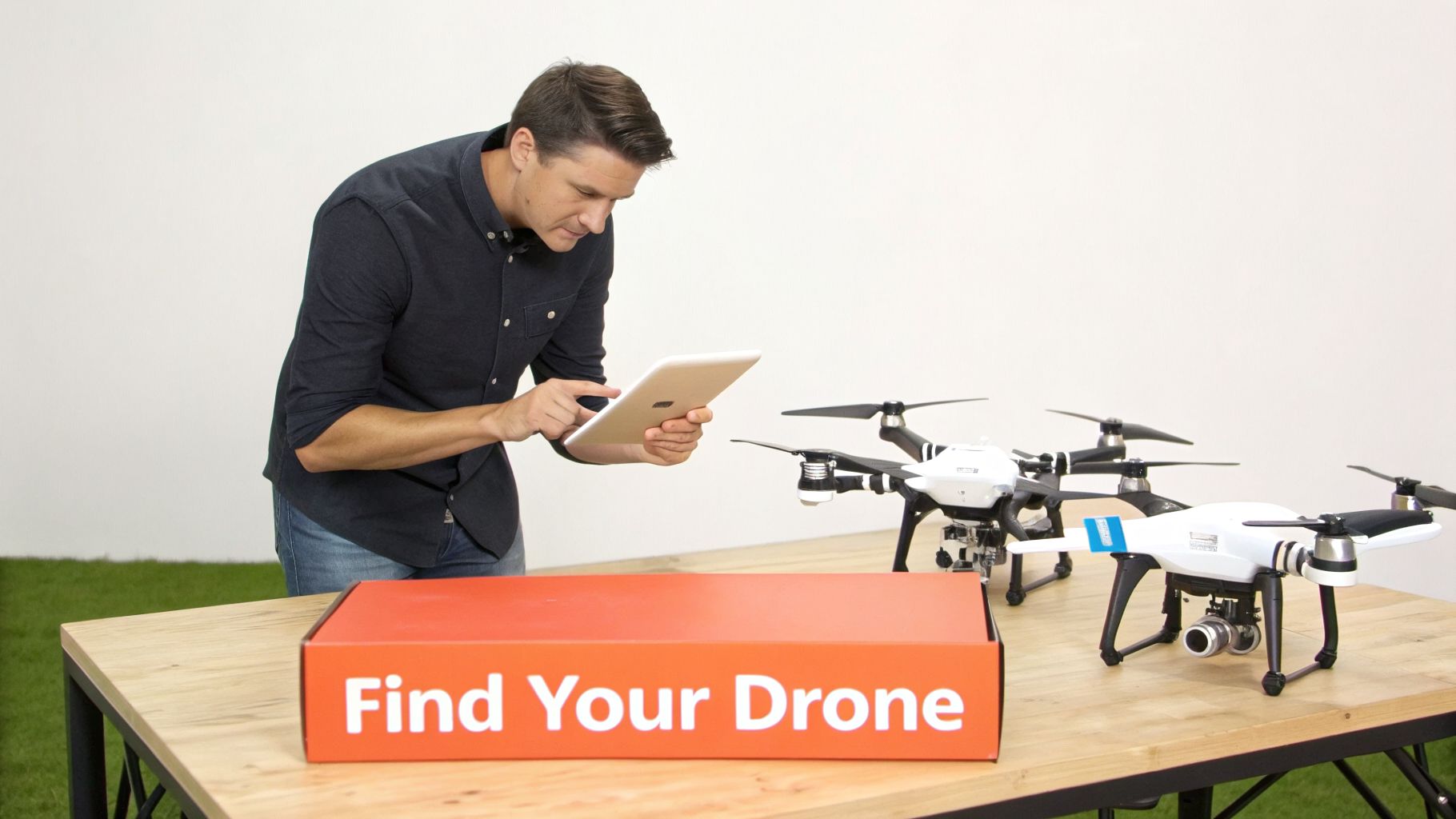 A man uses a tablet to control or set up multiple drones displayed on a wooden table.