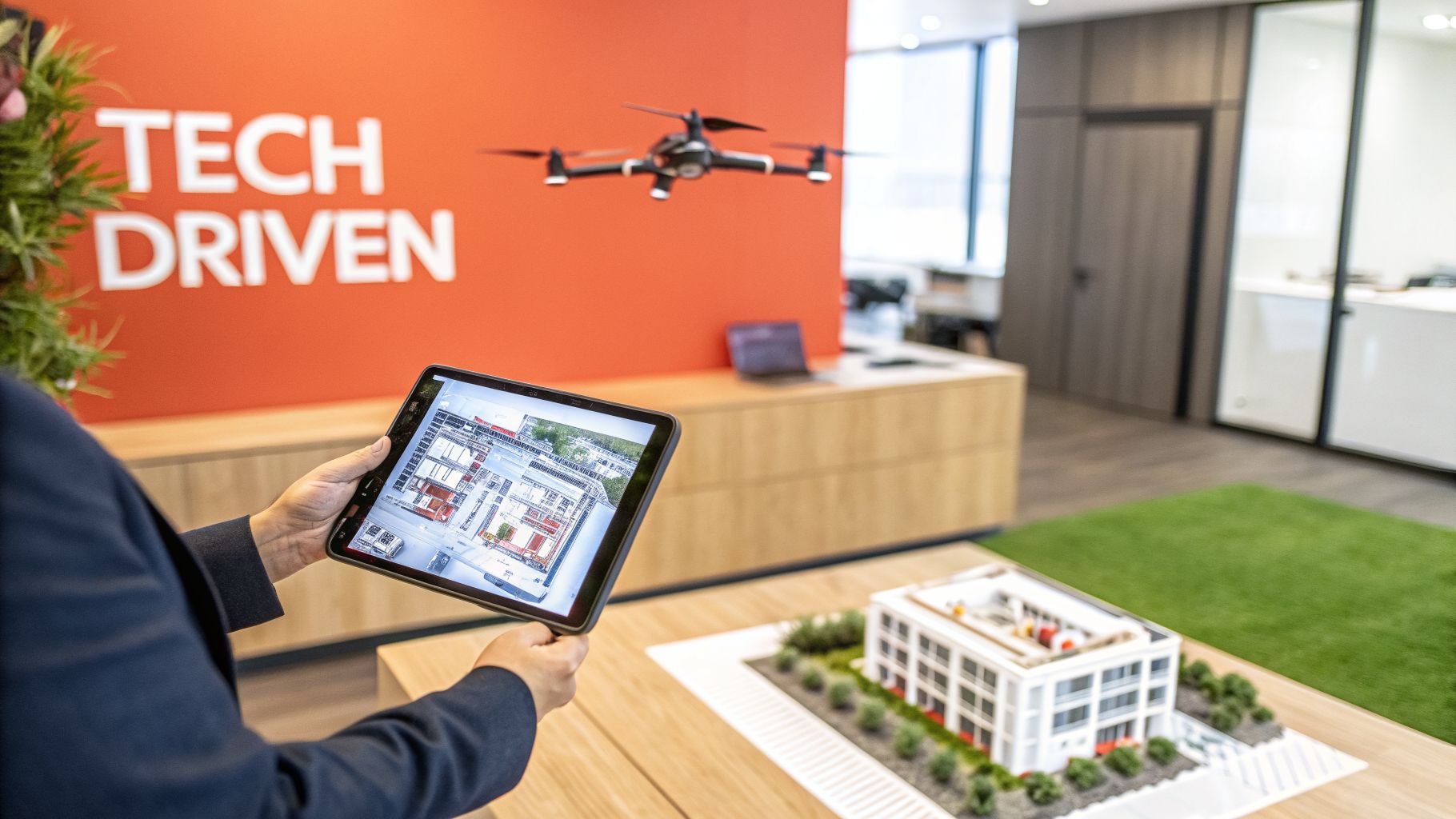 A person holds a tablet displaying architectural blueprints, with a drone and a building model present.