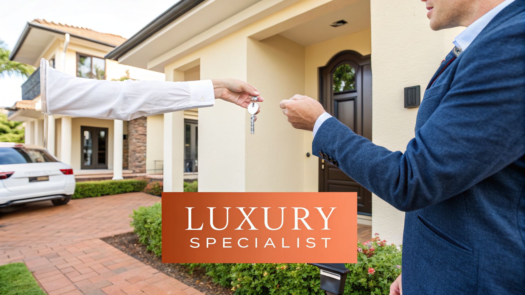 A real estate agent hands keys to a man in front of a luxury house, symbolizing a new home.