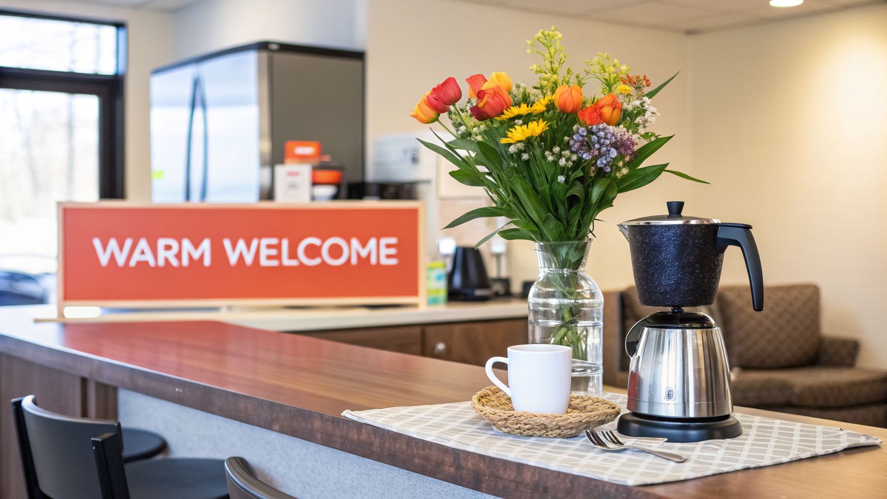 A welcoming counter featuring a 'Warm Welcome' sign, a vibrant bouquet of flowers, and a modern coffee setup.