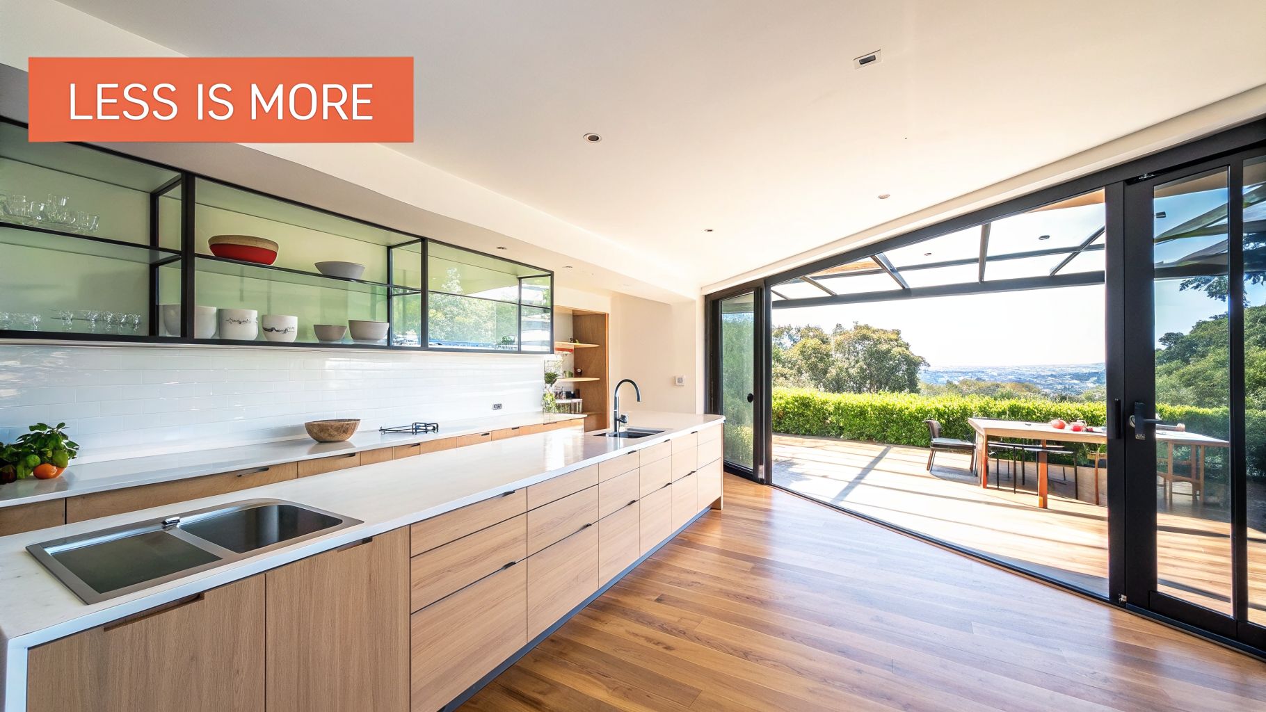 Bright, open-plan kitchen with wooden island, white surfaces, and panoramic sliding doors to an outdoor patio with a view.