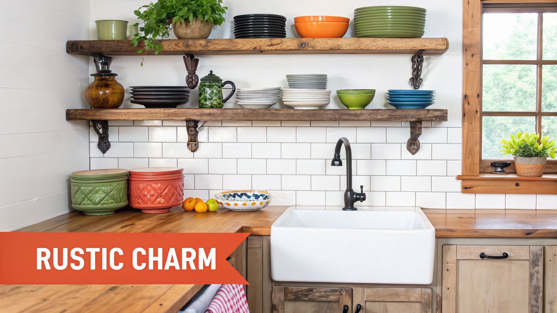 Rustic kitchen with open wooden shelves, colorful dishes, white farmhouse sink, and natural wood countertops.