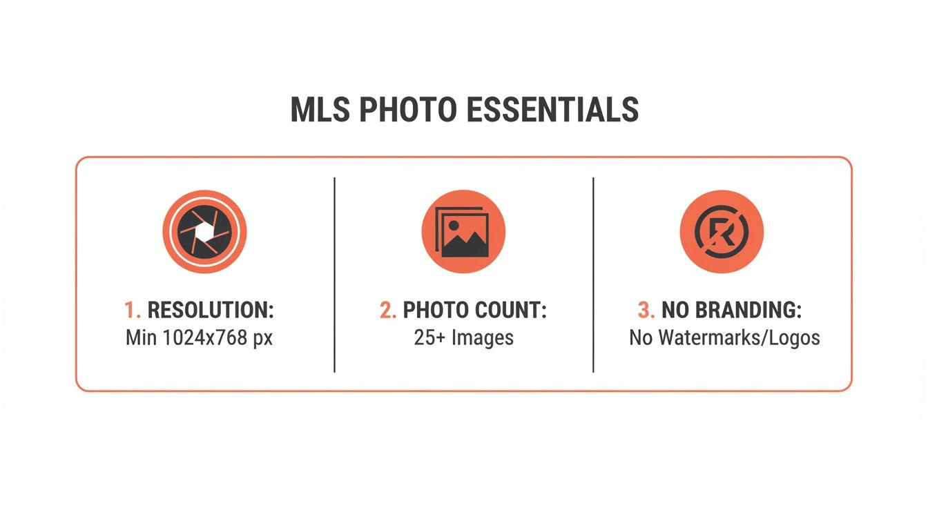 MLS photo essentials guidelines detailing resolution, photo count, and branding restrictions for listings.