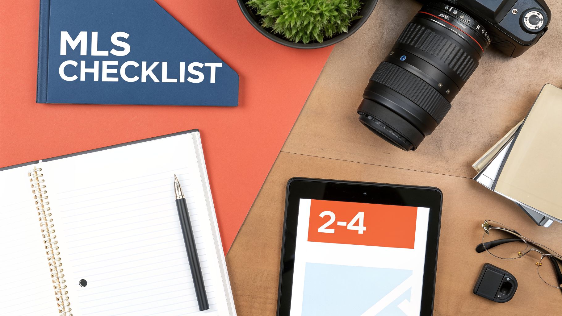 A real estate flat lay with an 'MLS Checklist' book, camera, tablet, notebook, and glasses.