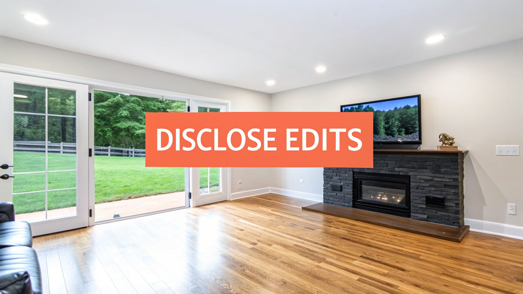 Bright living room featuring hardwood floors, a stone fireplace, TV, and glass doors to a green backyard.