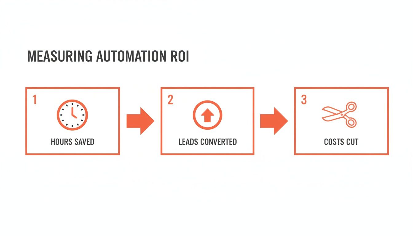 Infographic showing three key steps to measure automation ROI: hours saved, leads converted, and costs cut.