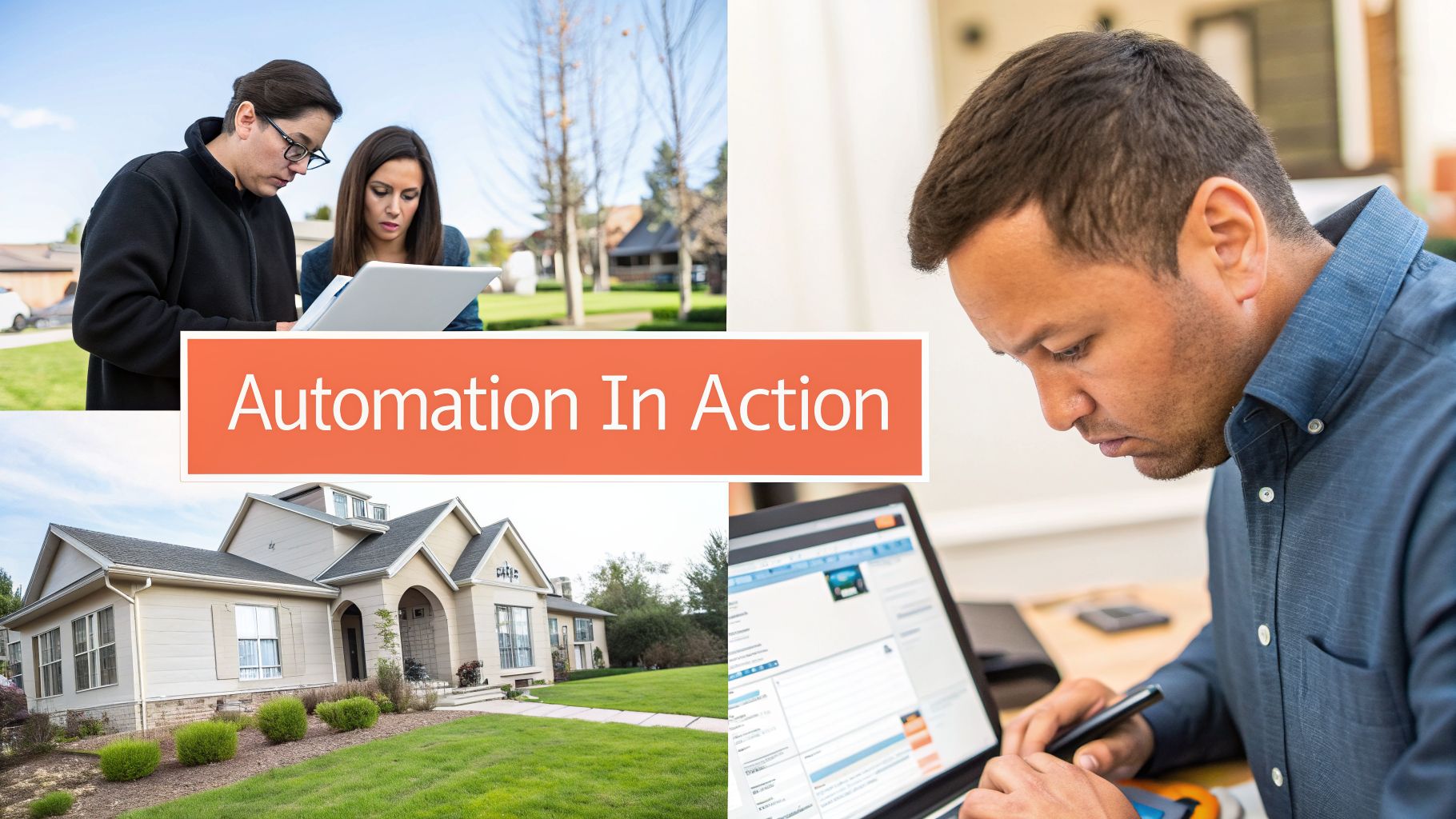 Real estate professionals use technology to manage properties, showcasing automation in action with homes and digital tools.