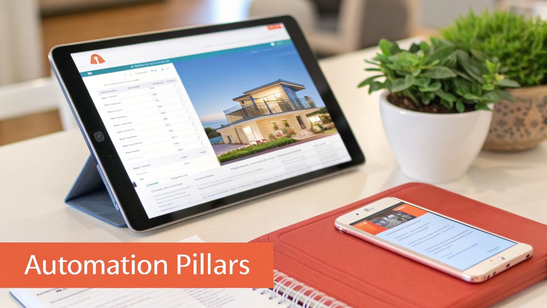 A tablet and smartphone display real estate listings, illustrating automation pillars in property technology.