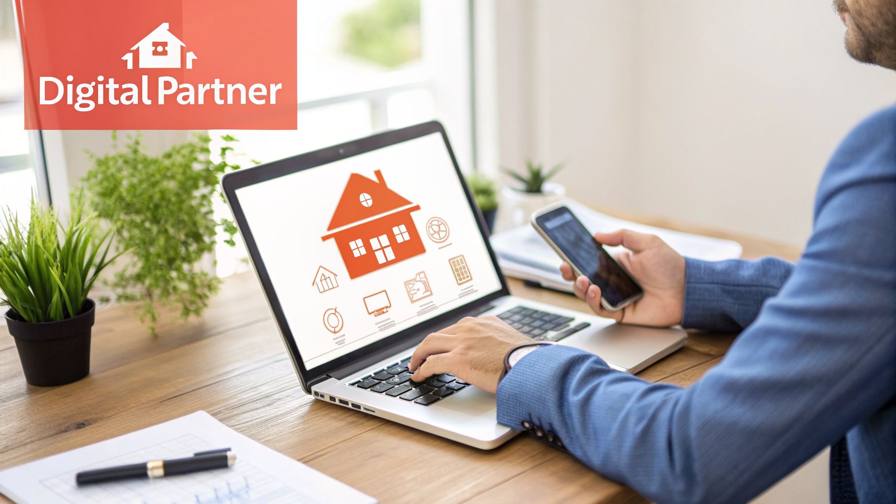 A person works on a laptop showing real estate icons while holding a smartphone. A 'Digital Partner' logo is in the corner.