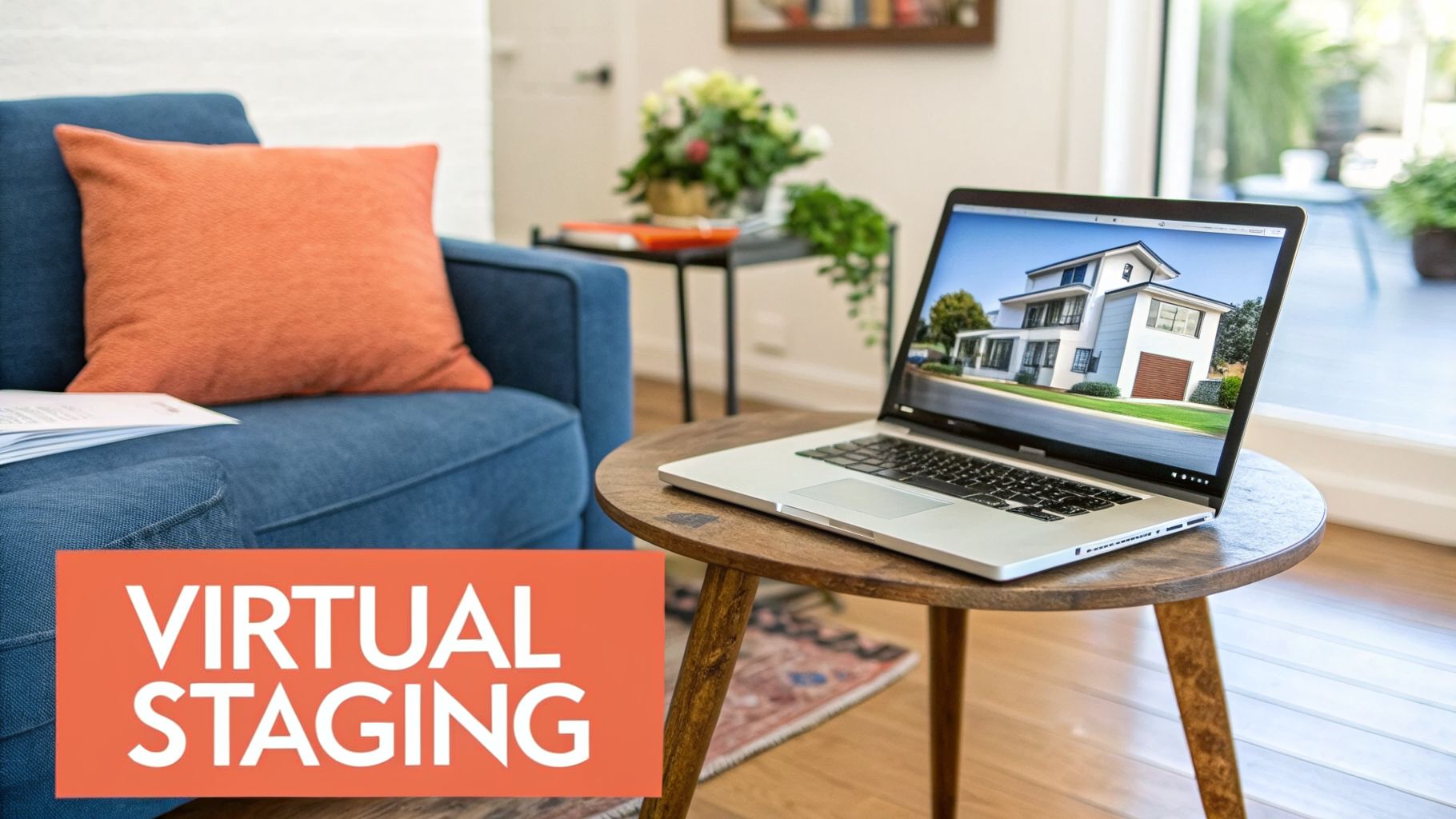 A laptop on a table displays a modern house, with 'Virtual Staging' text for real estate.