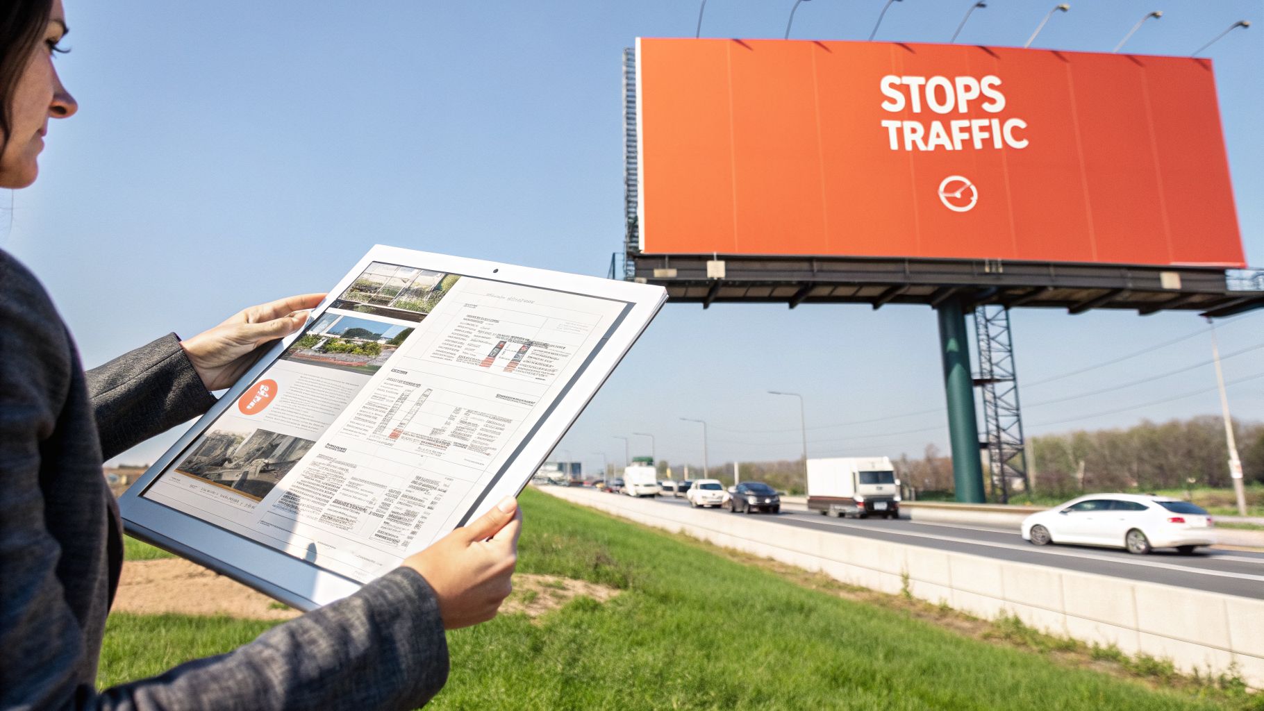 Woman holds a tablet displaying real estate content, with an orange billboard saying 'STOPS TRAFFIC' and highway in background.
