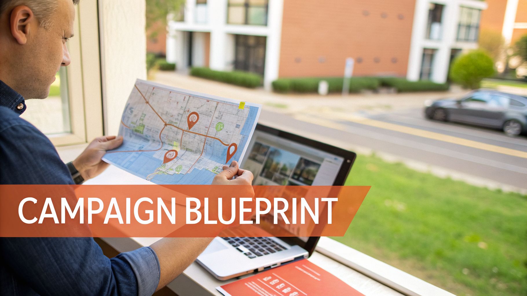 A man examines a map with location pins, next to a laptop, planning a campaign blueprint.