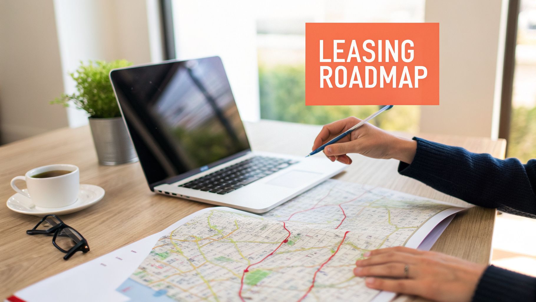 A person reviews a map with a pen on a desk with a laptop, coffee, and glasses, showing a leasing roadmap.
