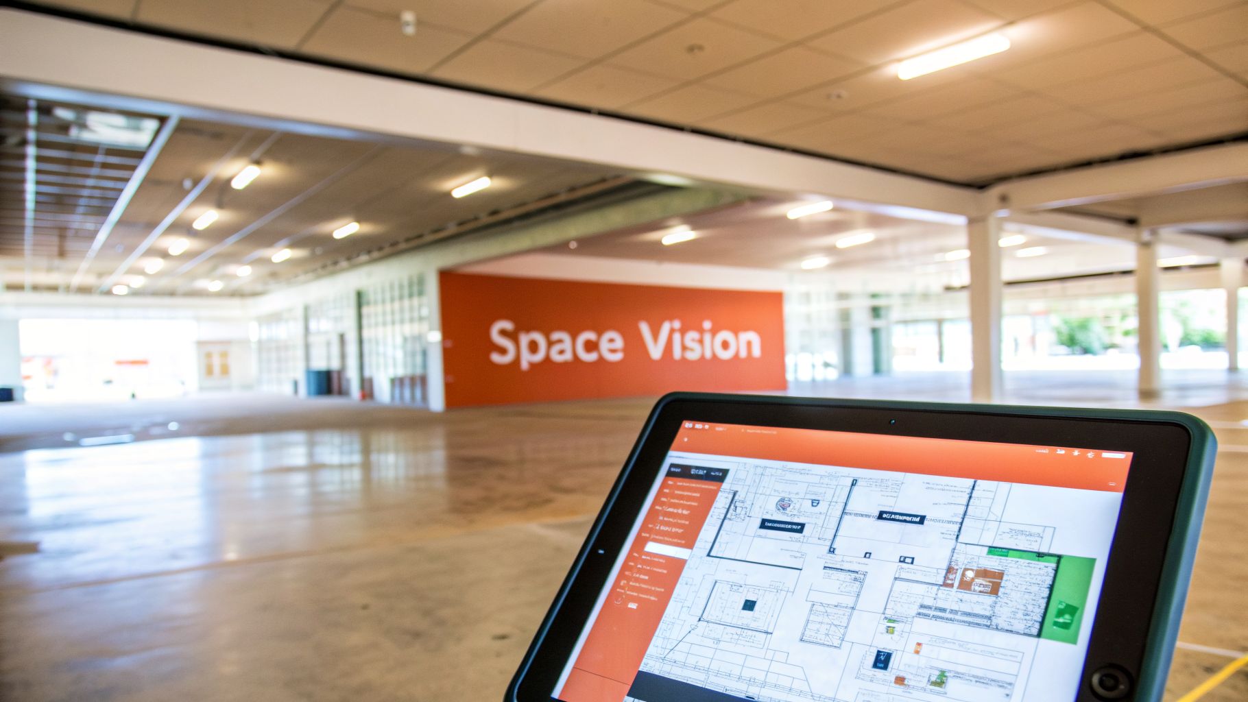 A tablet displaying floor plans in a large, empty commercial space with 'Space Vision' on an orange wall.