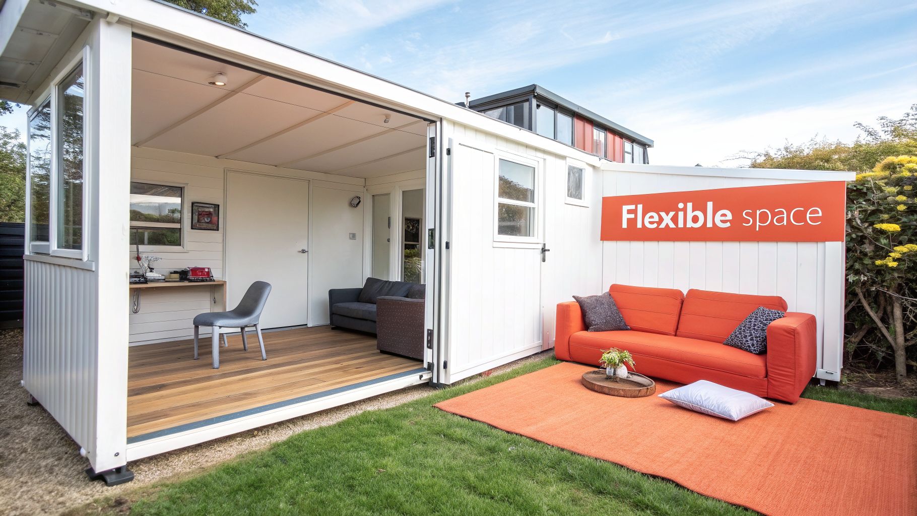 A white outdoor flexible office with an open interior, an orange sofa, and a rug on the lawn.