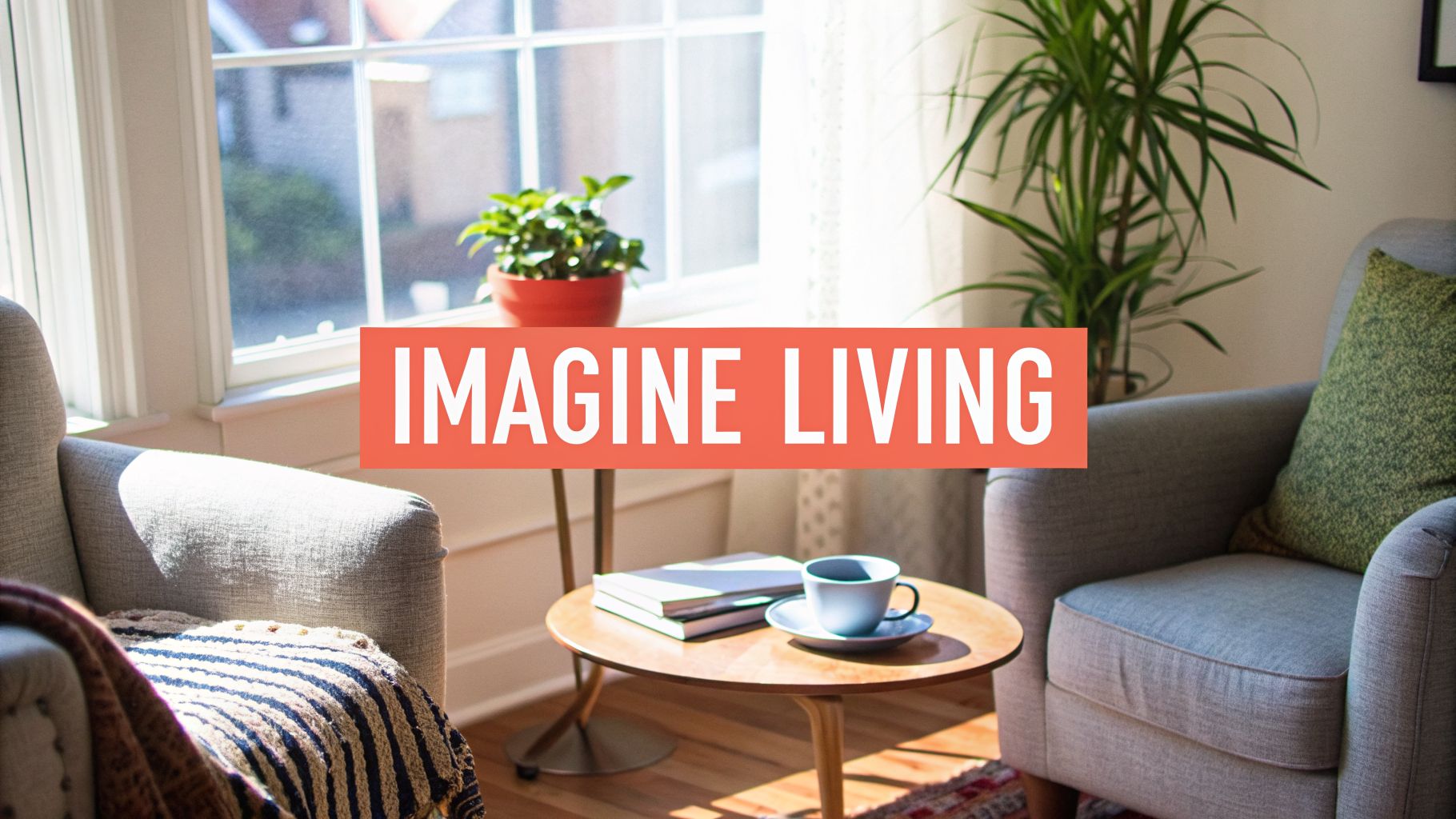 A cozy living room with armchairs, a coffee table, and natural light streaming through a window.