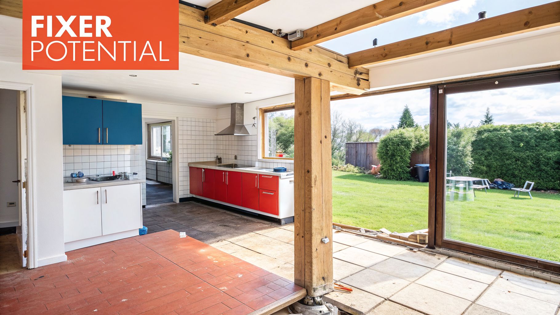 A kitchen with red and blue cabinets, white tiles, and wooden beams, showing fixer potential and a garden view.