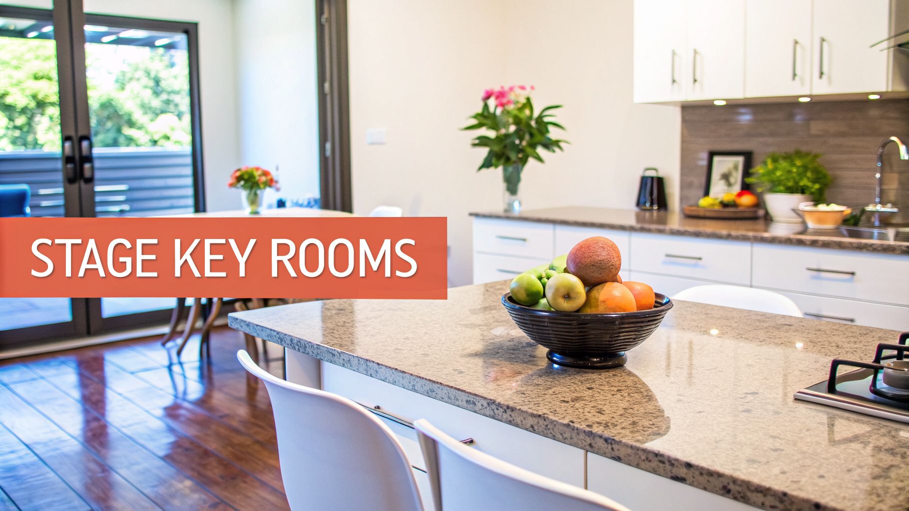 An expertly staged modern kitchen and dining area, featuring white cabinets and granite countertops with a fruit bowl.