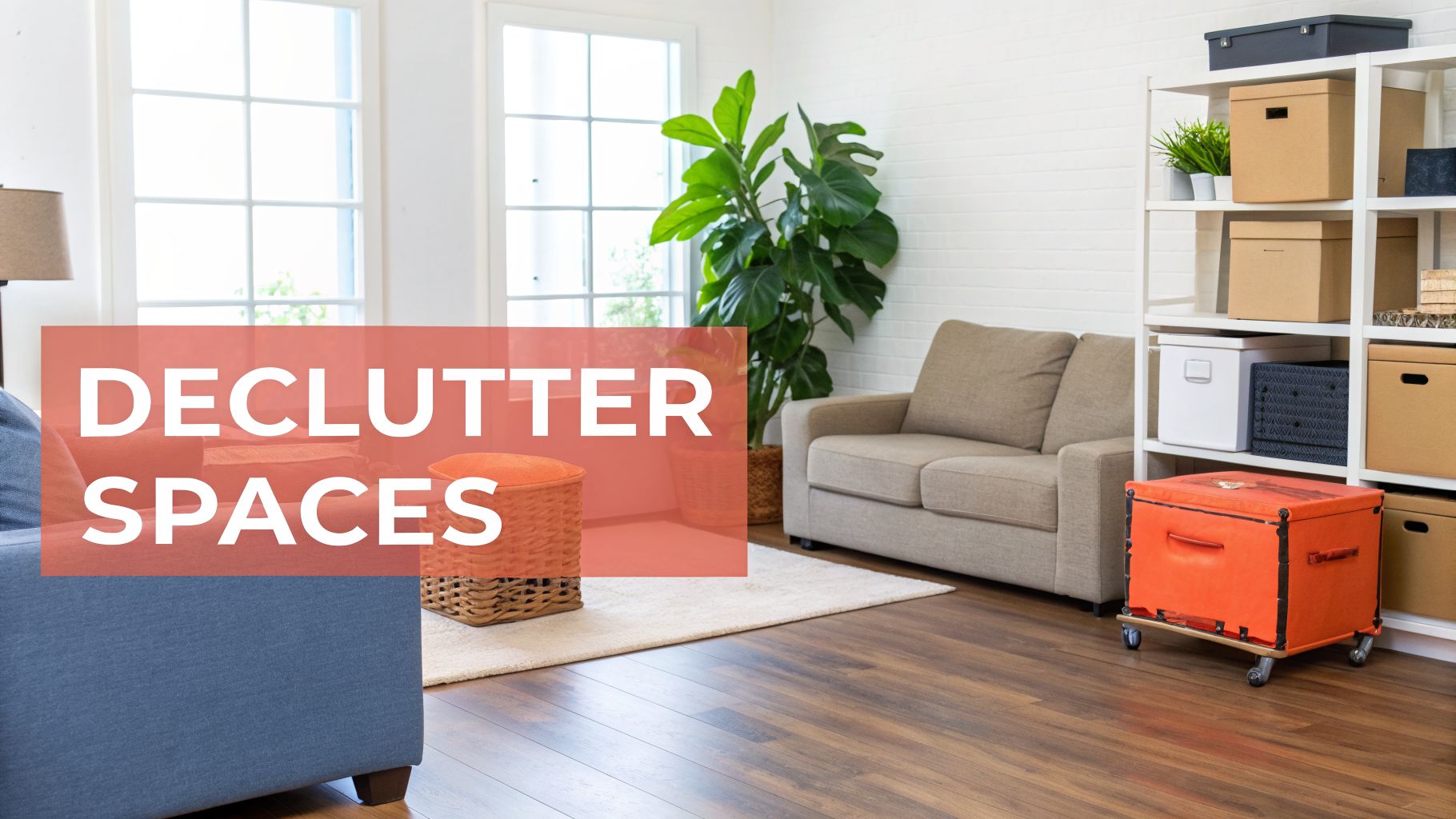A well-organized living room with a shelf unit, storage boxes, and two sofas, promoting decluttering.