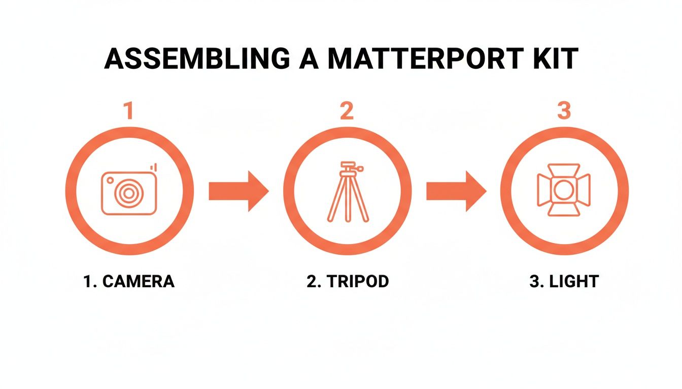 An infographic showing the three steps to assemble a Matterport kit: camera, tripod, and light.