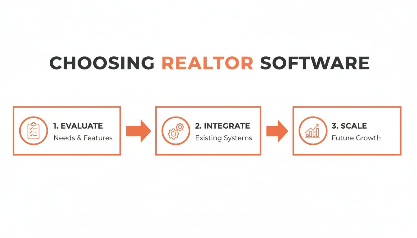 A three-step flowchart illustrating how to choose realtor software: evaluate, integrate, and scale.