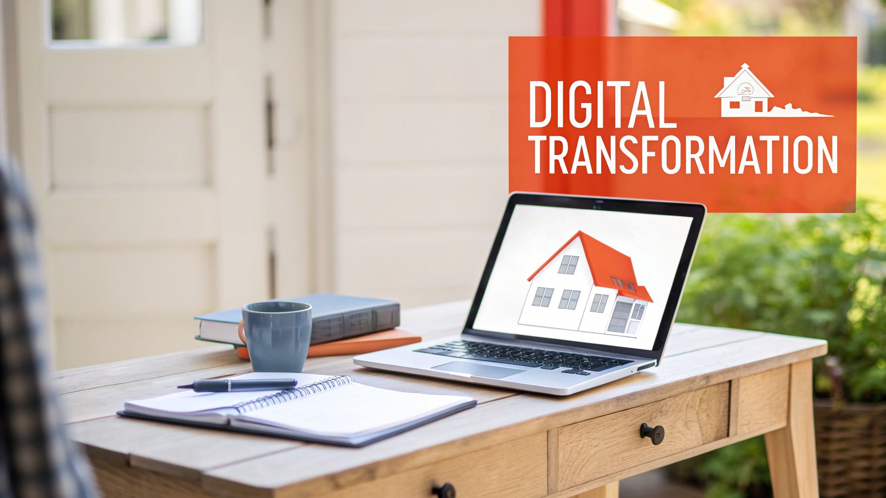 A laptop on a wooden desk displays a house model, symbolizing digital transformation in real estate.