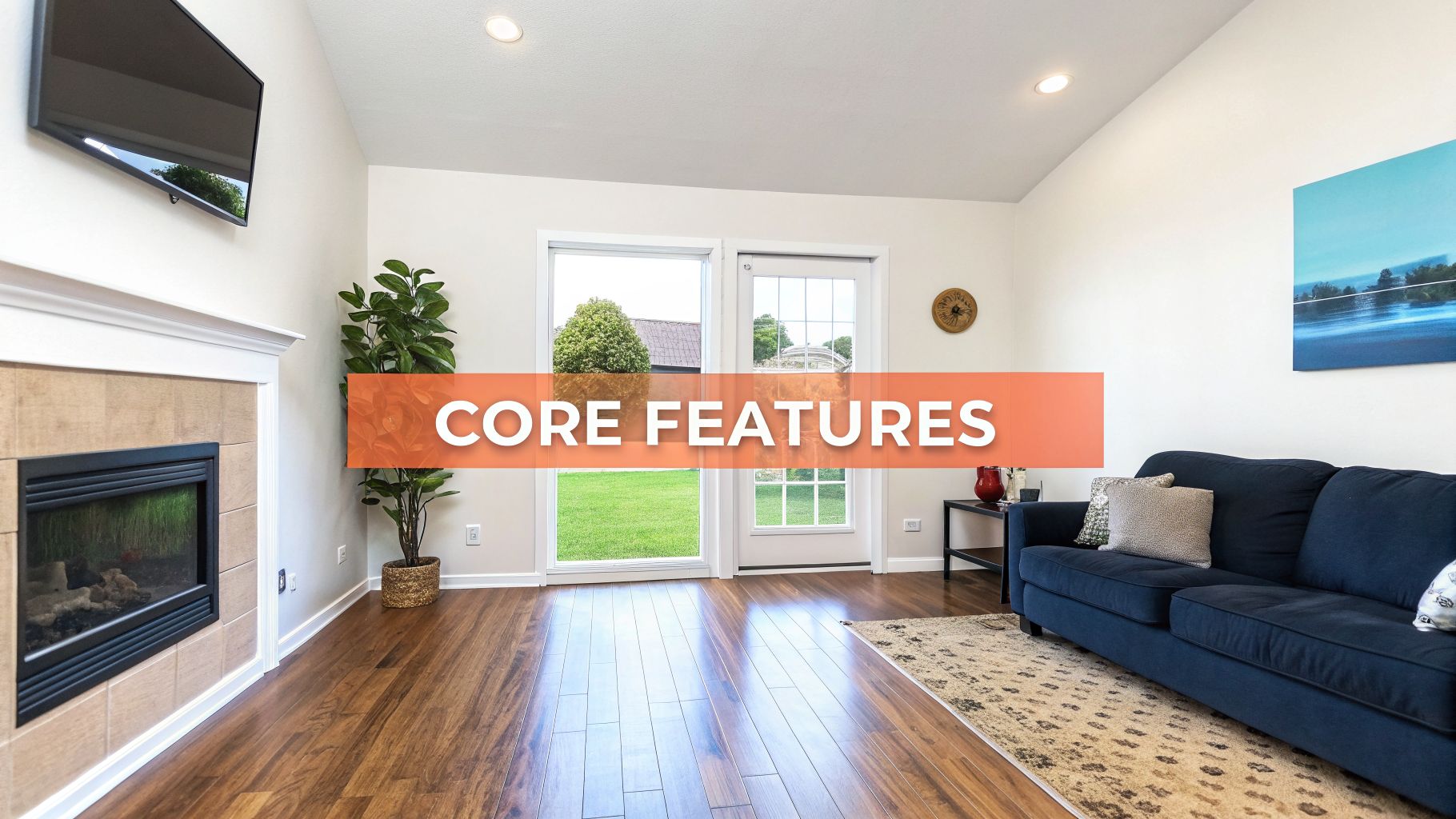 A cozy and bright living room featuring a fireplace, TV, blue couch, and a view of a green yard.
