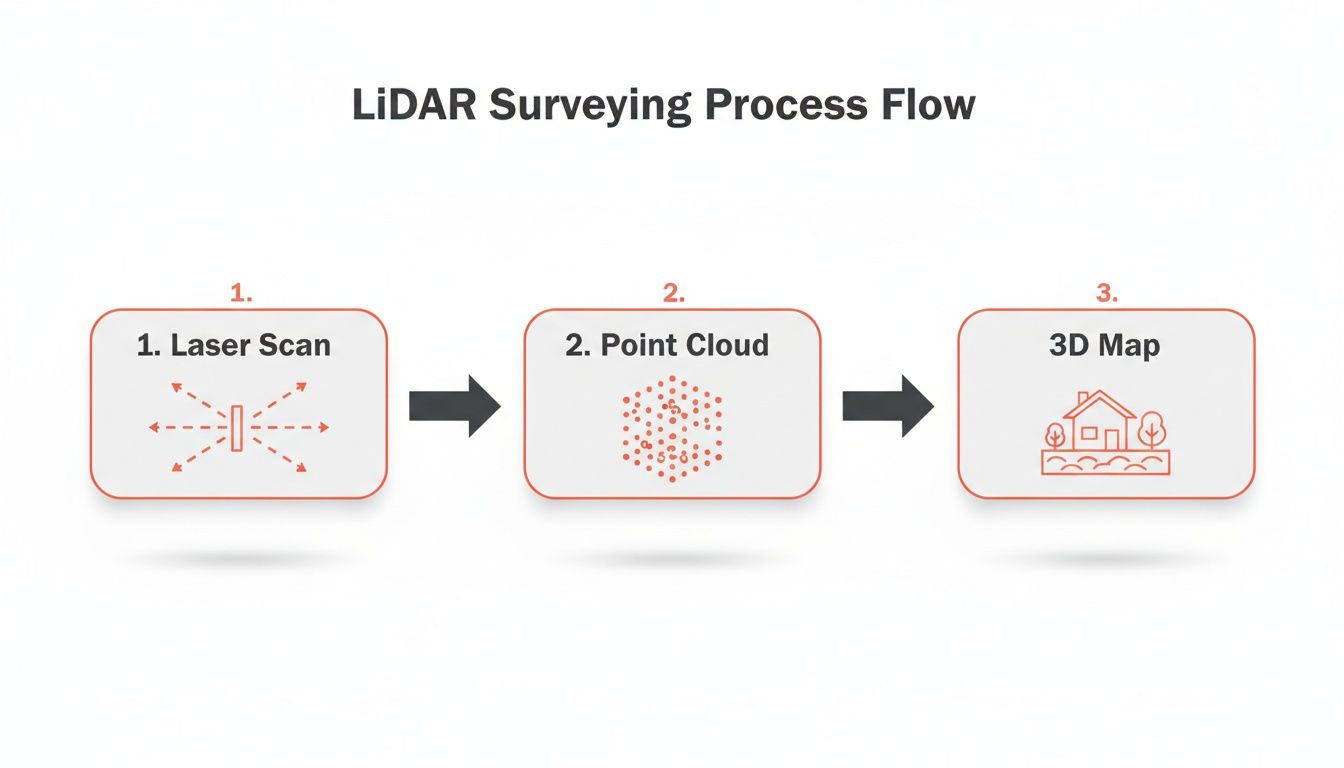 Diagram illustrating the LiDAR surveying process flow: laser scan, point cloud generation, and final 3D map creation.