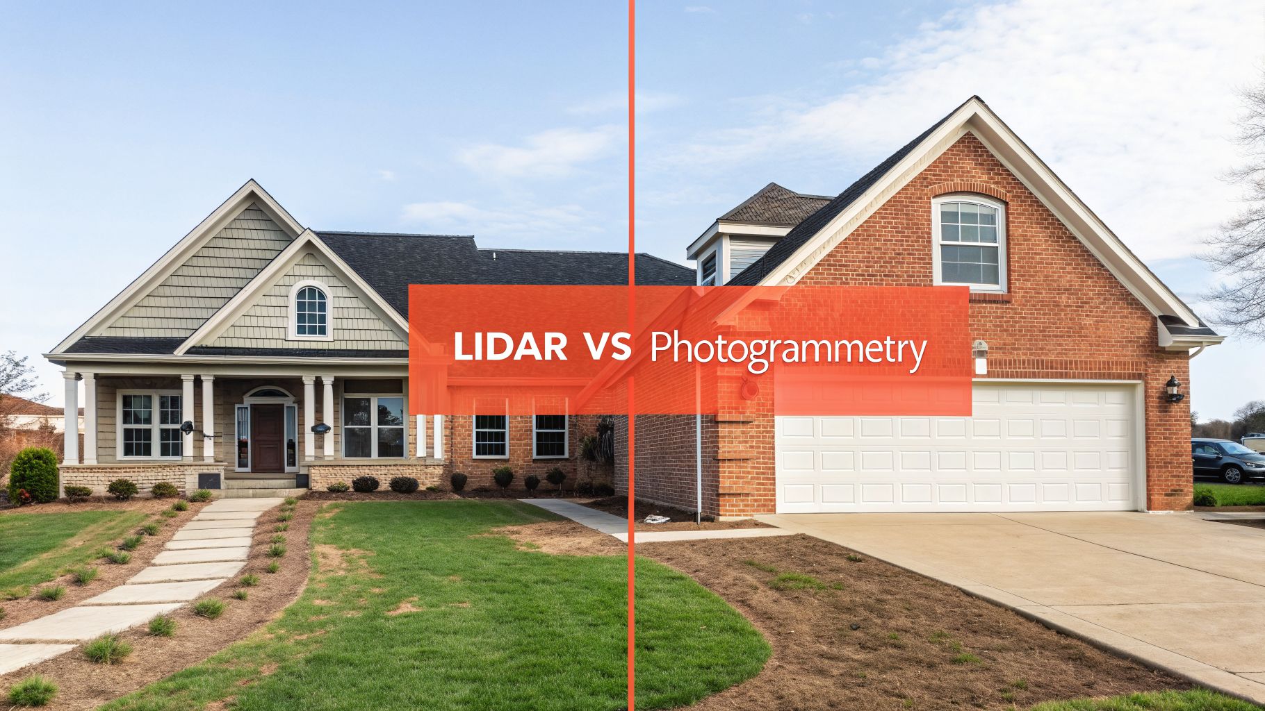 A house split by a red line, comparing LIDAR and Photogrammetry with different ground cover.