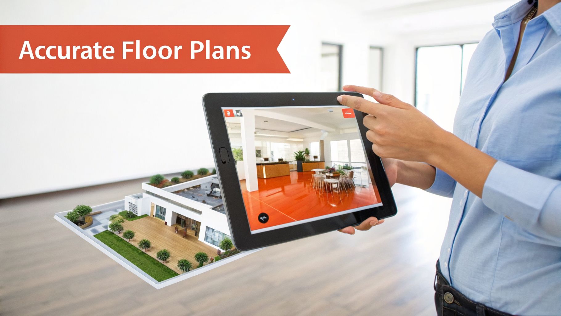 Person viewing a virtual interior design on a tablet, next to a detailed 3D architectural model. A banner reads "Accurate Floor Plans".