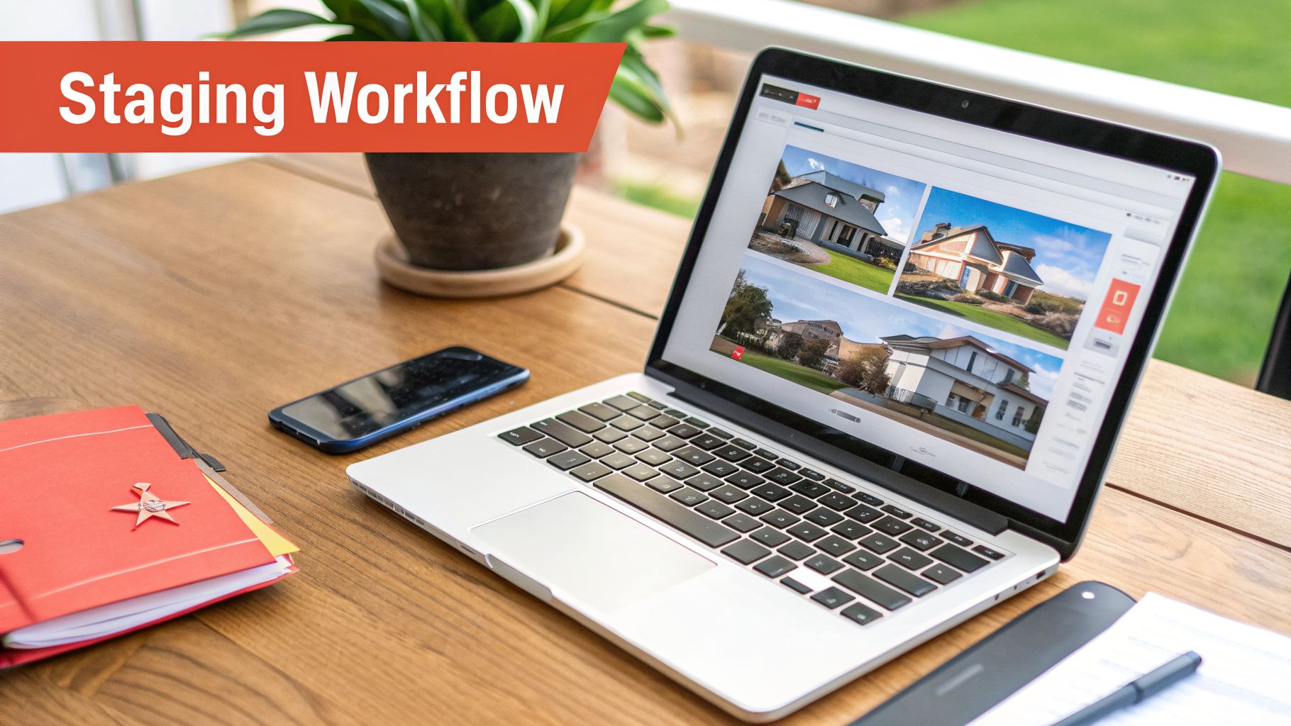 Laptop displaying multiple real estate images for virtual staging workflow on a wooden table.