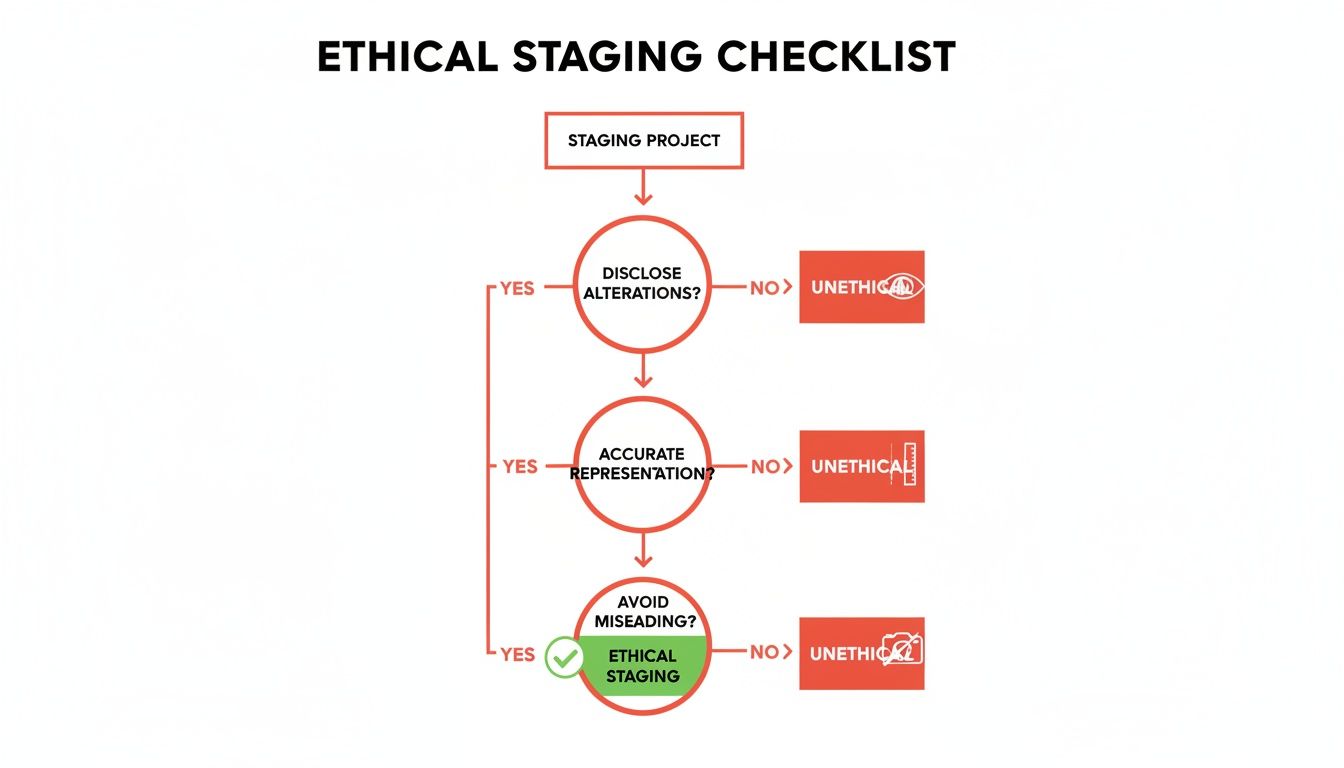 A flowchart titled 'Ethical Staging Checklist' guiding users through steps for ethical staging, including disclosing alterations and ensuring accurate representation.