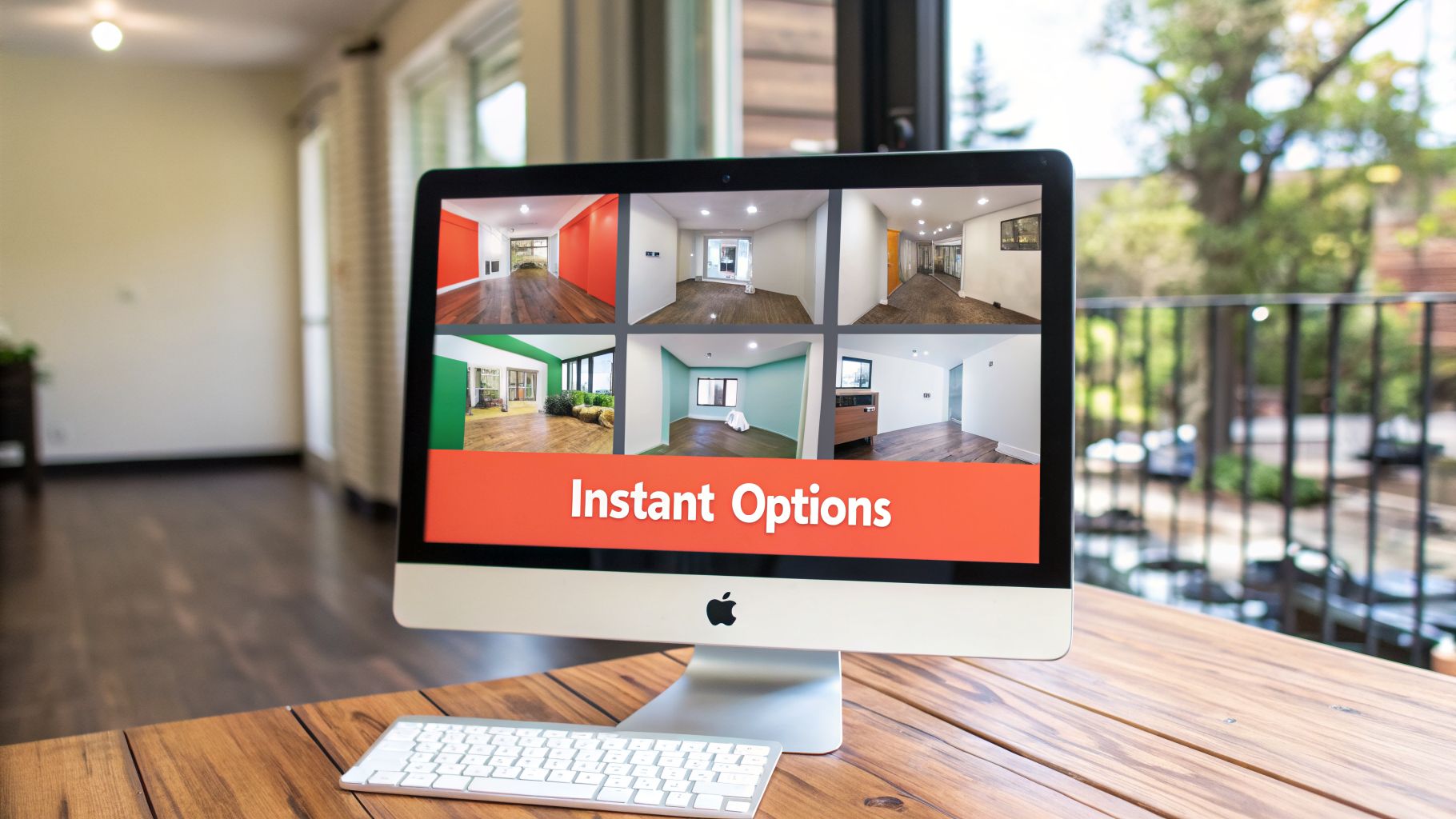 An iMac displays various virtual staging options for different rooms, with 'Instant Options' text, on a wooden table.