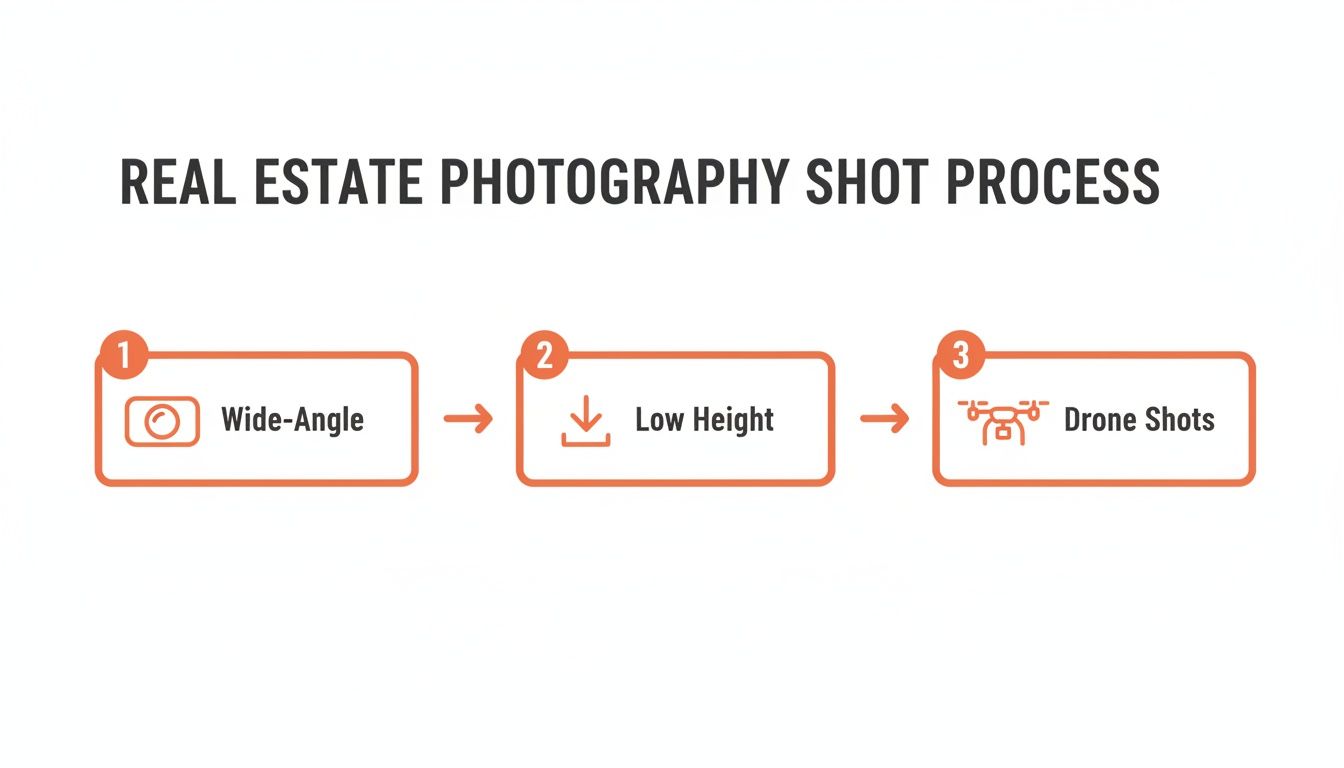 A flowchart detailing the real estate photography shot process: Wide-Angle, Low Height, and Drone Shots.