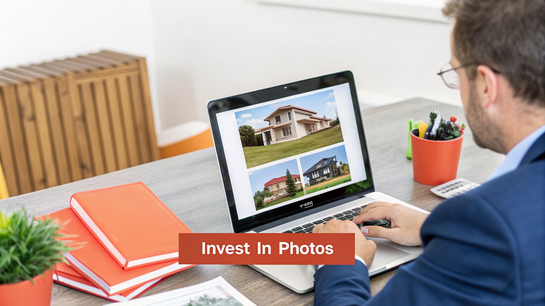 A man browses multiple real estate house photos displayed on a laptop screen at a modern desk.