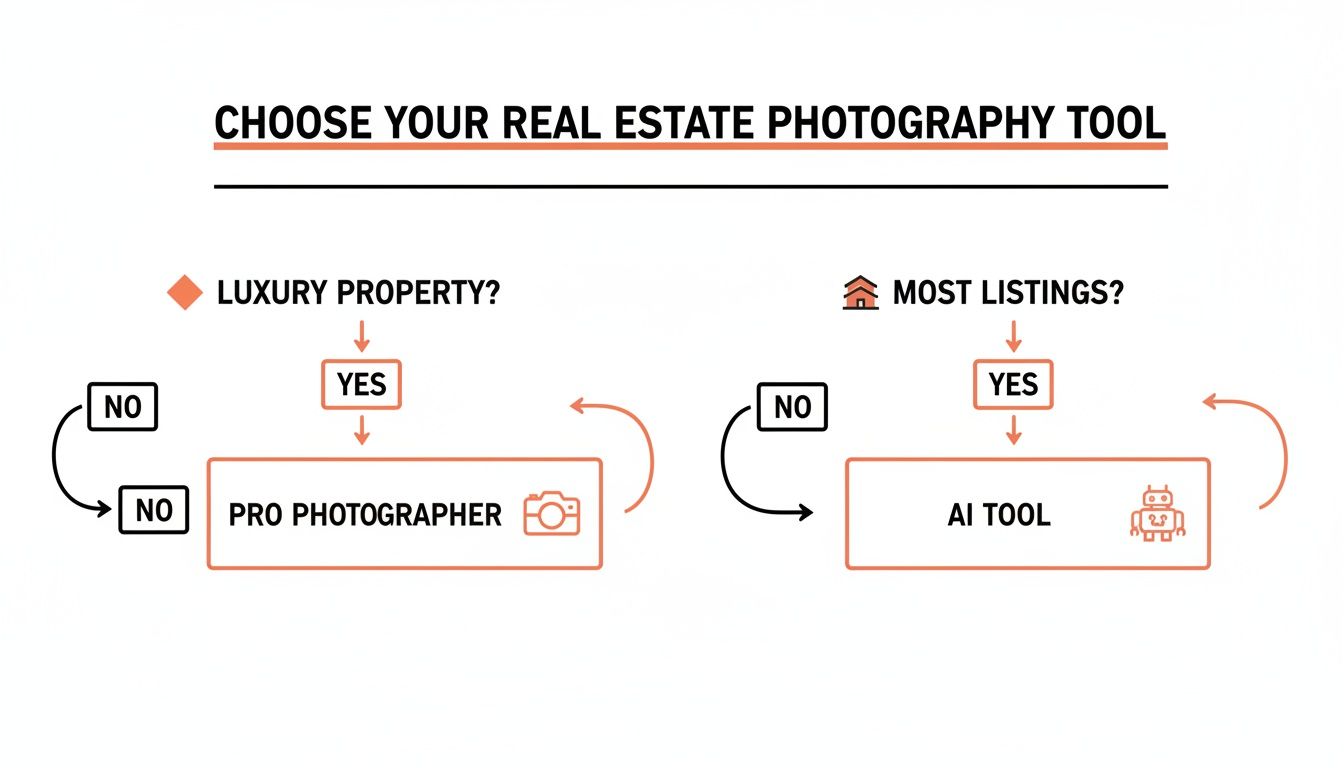 Flowchart illustrating real estate photography tool selection: pro photographer for luxury, AI tool for most listings.