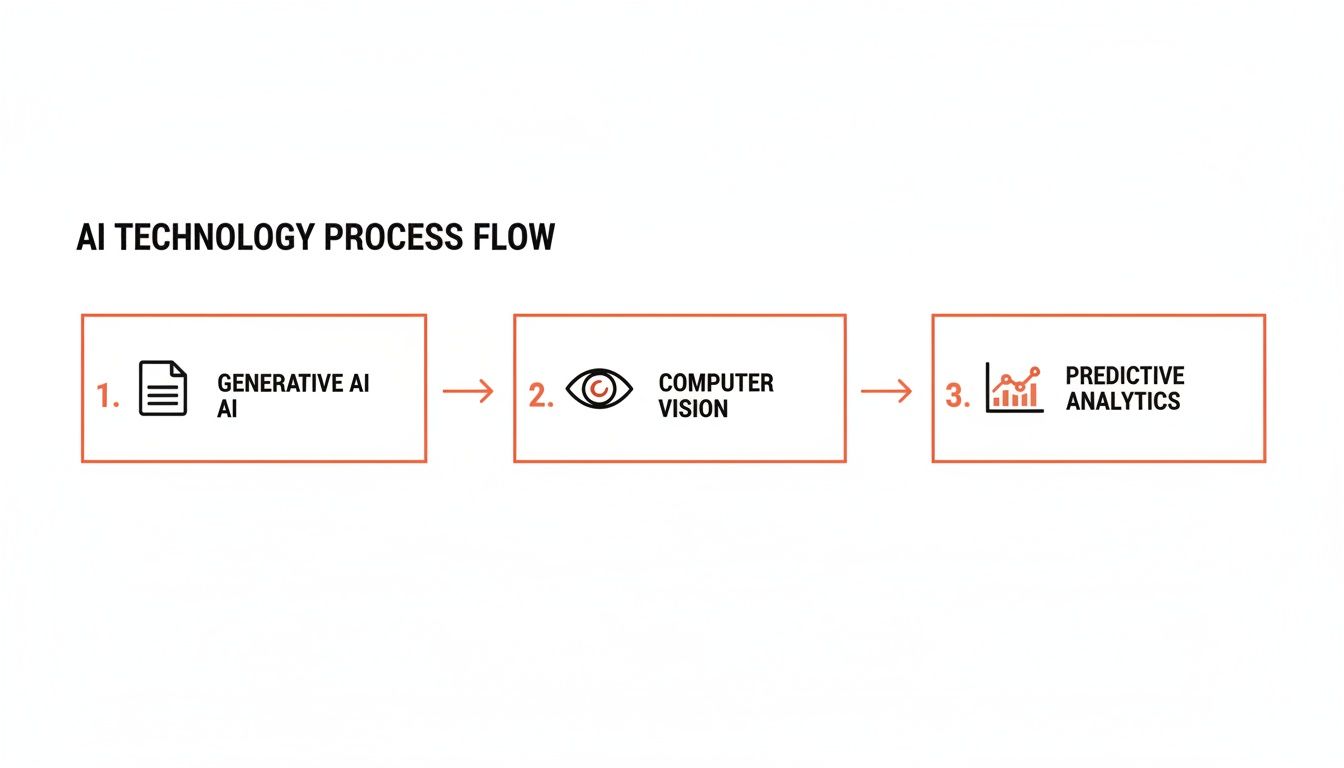 A three-step AI technology process flow, illustrating Generative AI, Computer Vision, and Predictive Analytics.