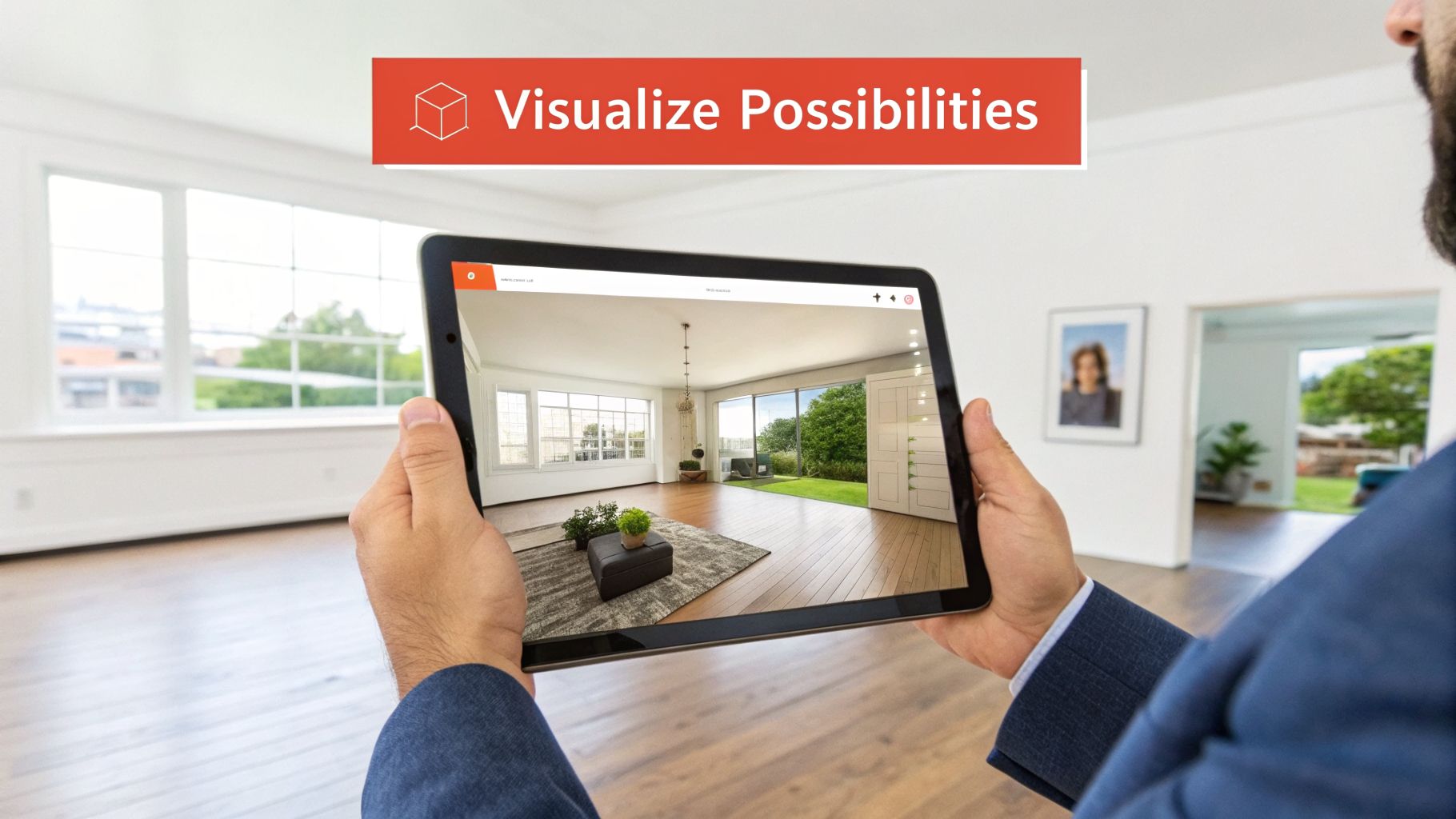 Man holding a tablet visualizing a furnished empty room, showcasing real estate virtual staging technology.
