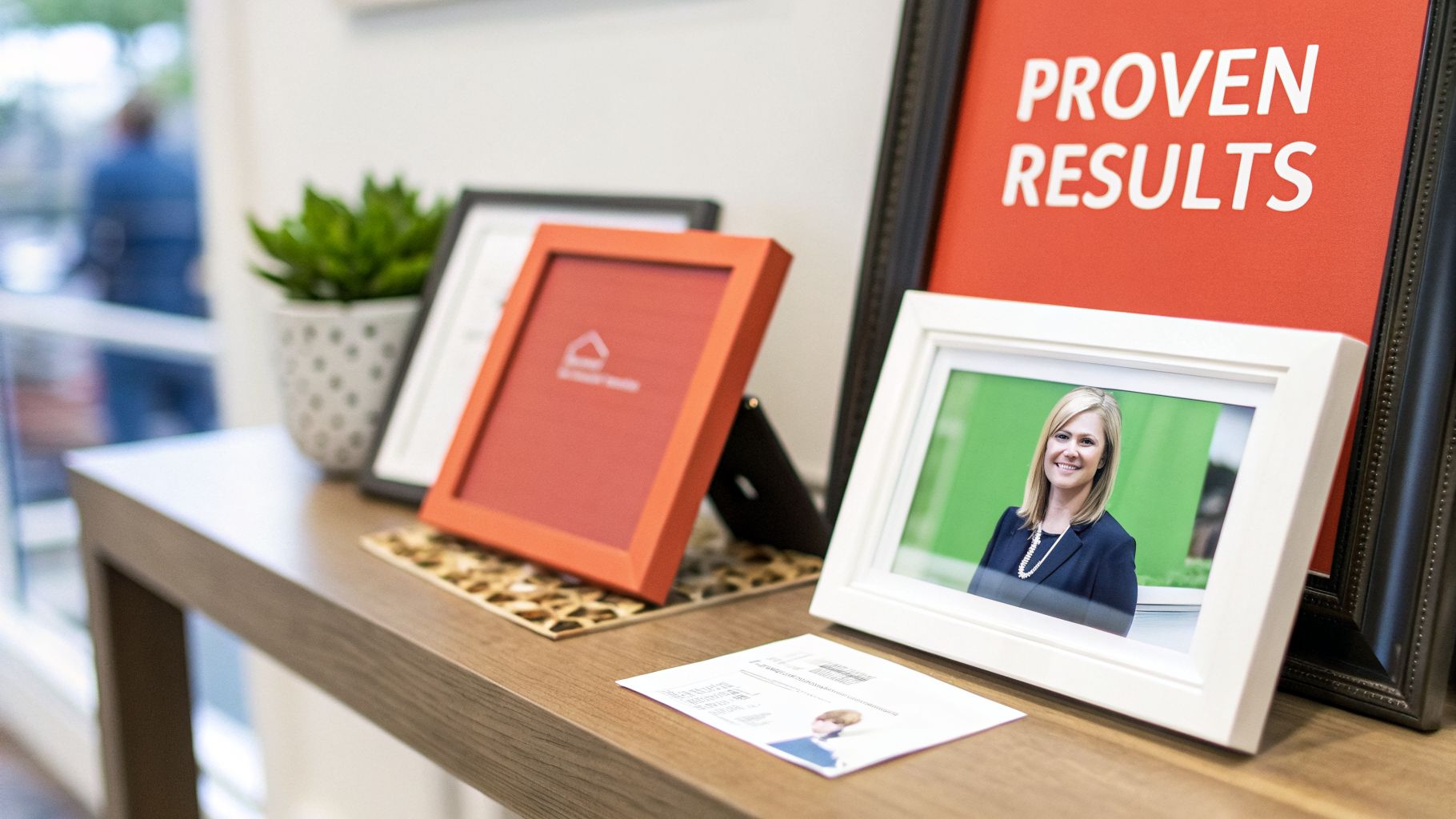 A professional office display on a wooden table with framed photos, a 'Proven Results' sign, and a plant.