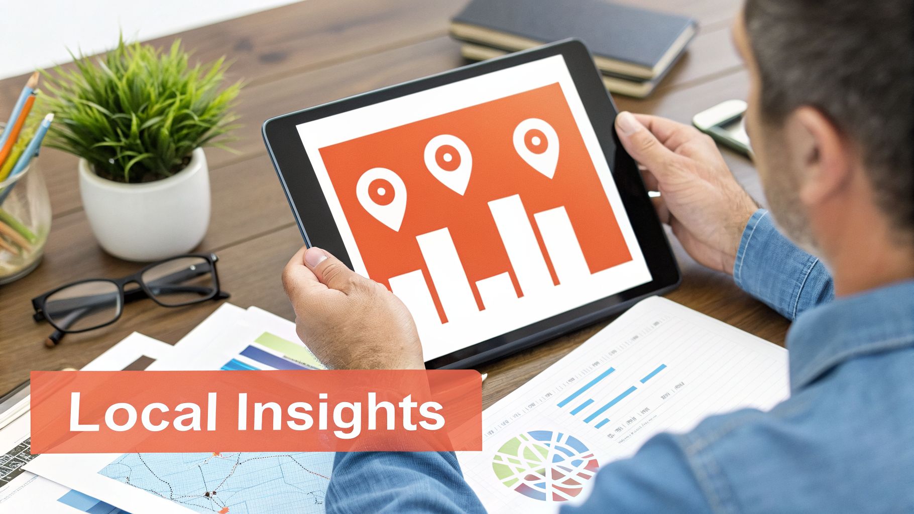 A person holds a tablet displaying local insights with location pins and bar graphs on a desk.