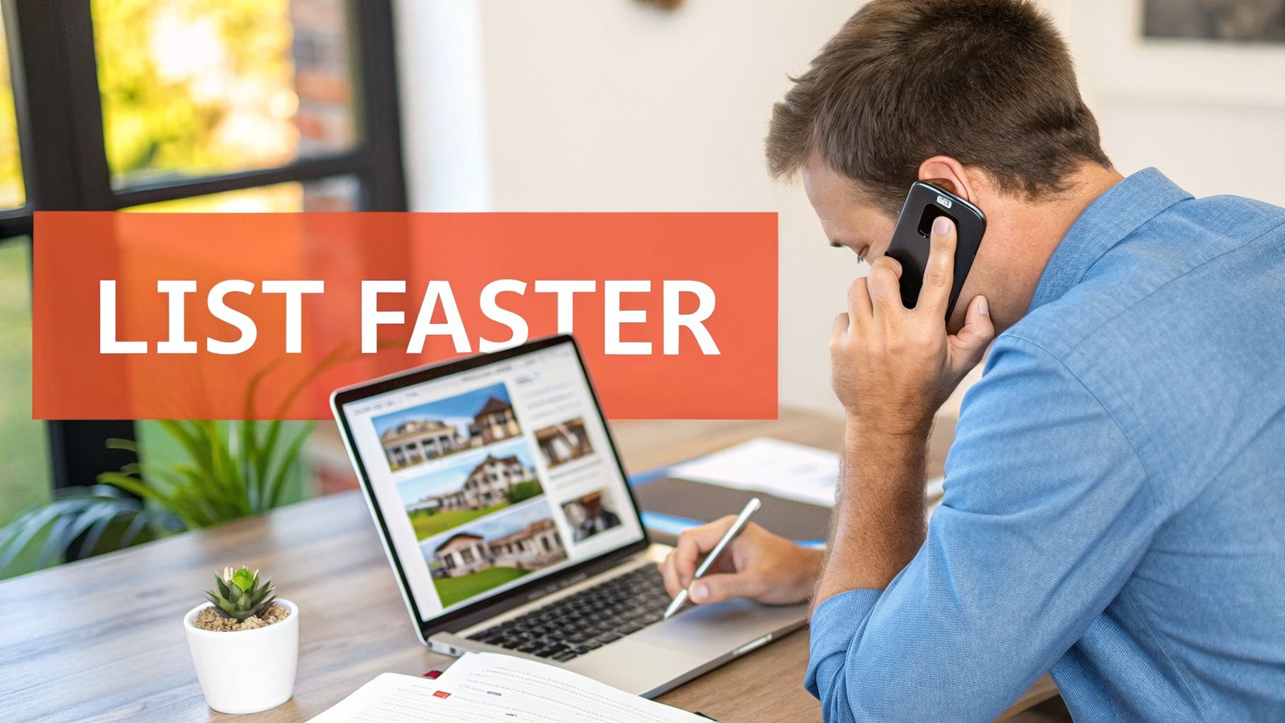 A man on the phone reviewing real estate listings on a laptop, with a "LIST FASTER" overlay.